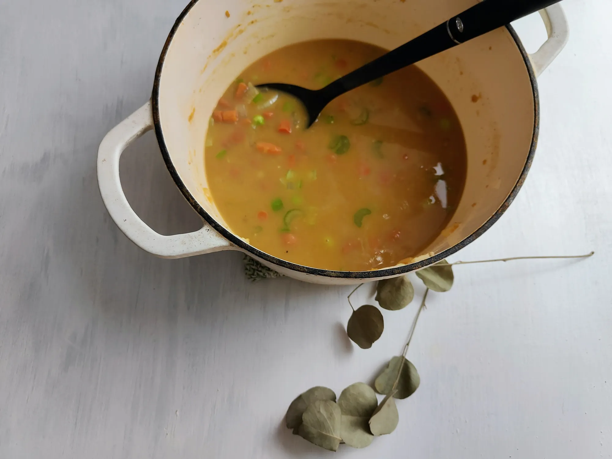 Vegetables in a dutch oven with chicken stock