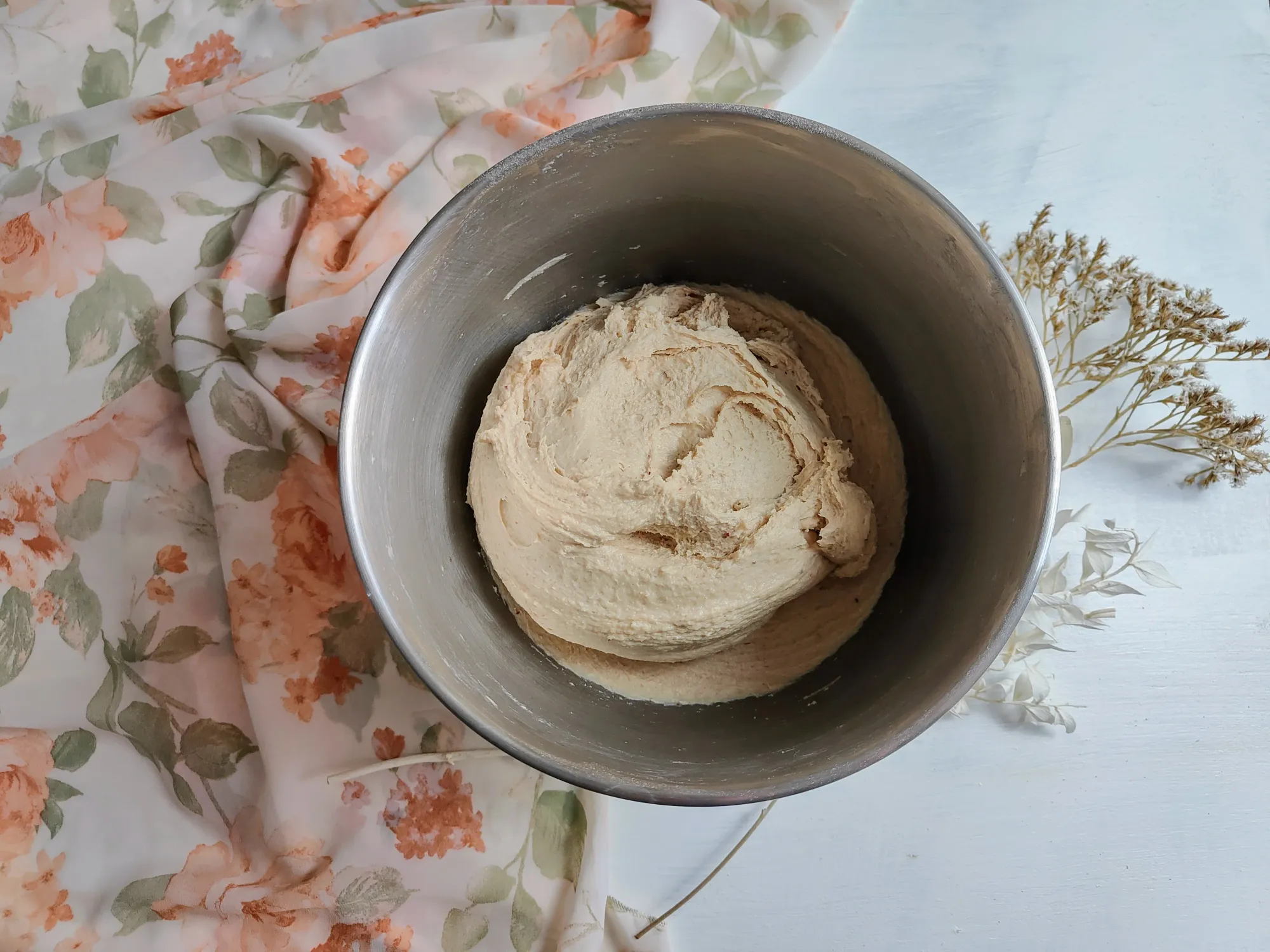 Dough in a metal stand mixer bowl