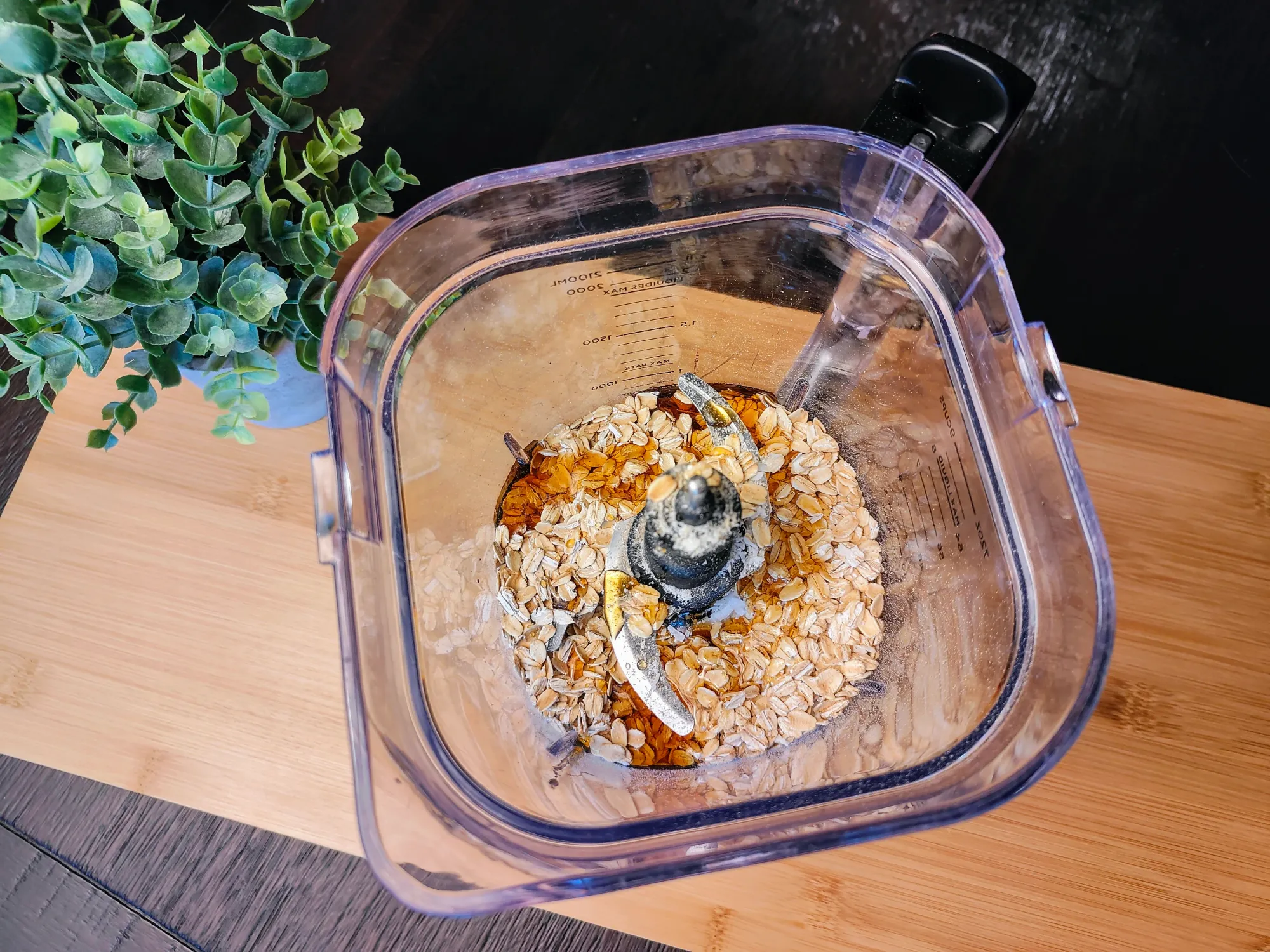 Oats, dates, maple syrup, and coconut in a blender