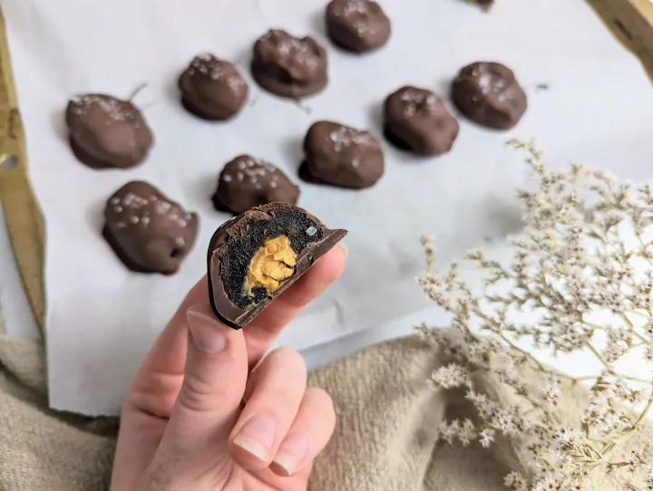 A cross section of a chocolate covered, peanut butter and peanut filled date. 