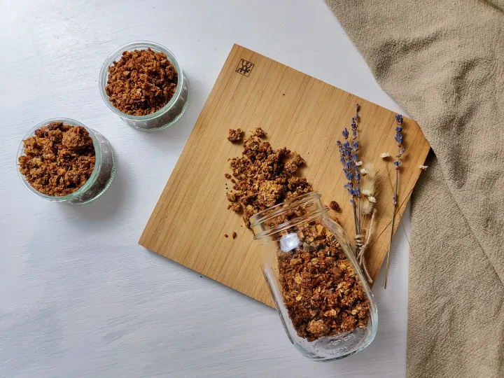 Maple pecan granola in jars